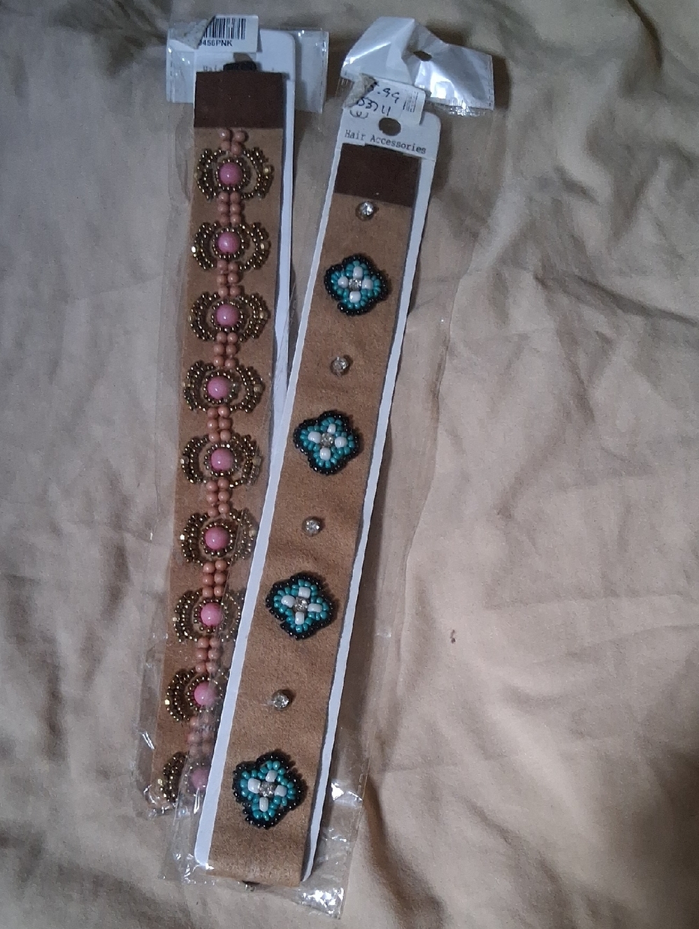 Beaded Suede Stretch Headband Set - Pink & Turquoise Accents